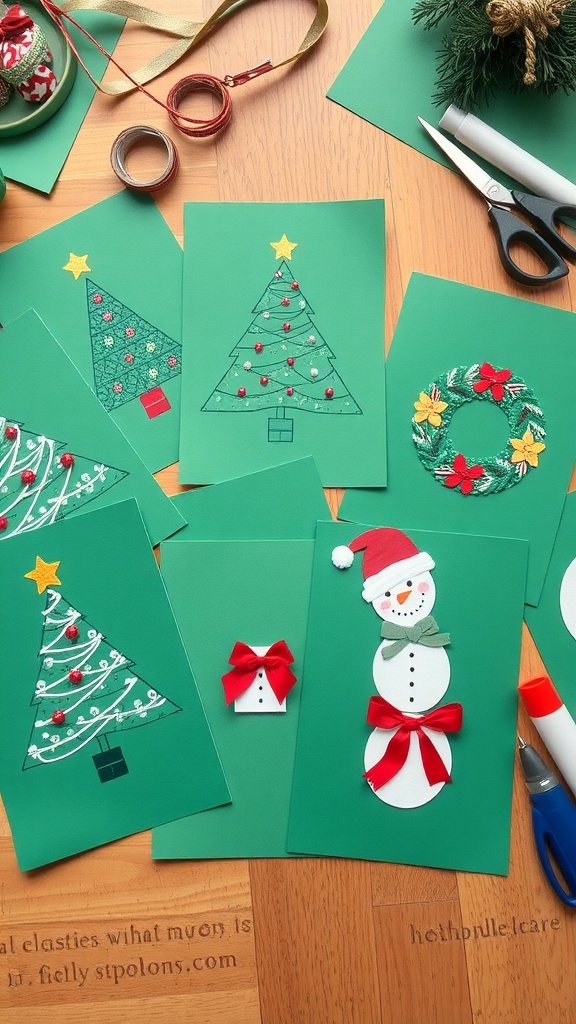 Creative Christmas Card Ideas on Green Paper Handmade Christmas cards on green paper featuring a tree, wreath, and snowman, with crafting materials.